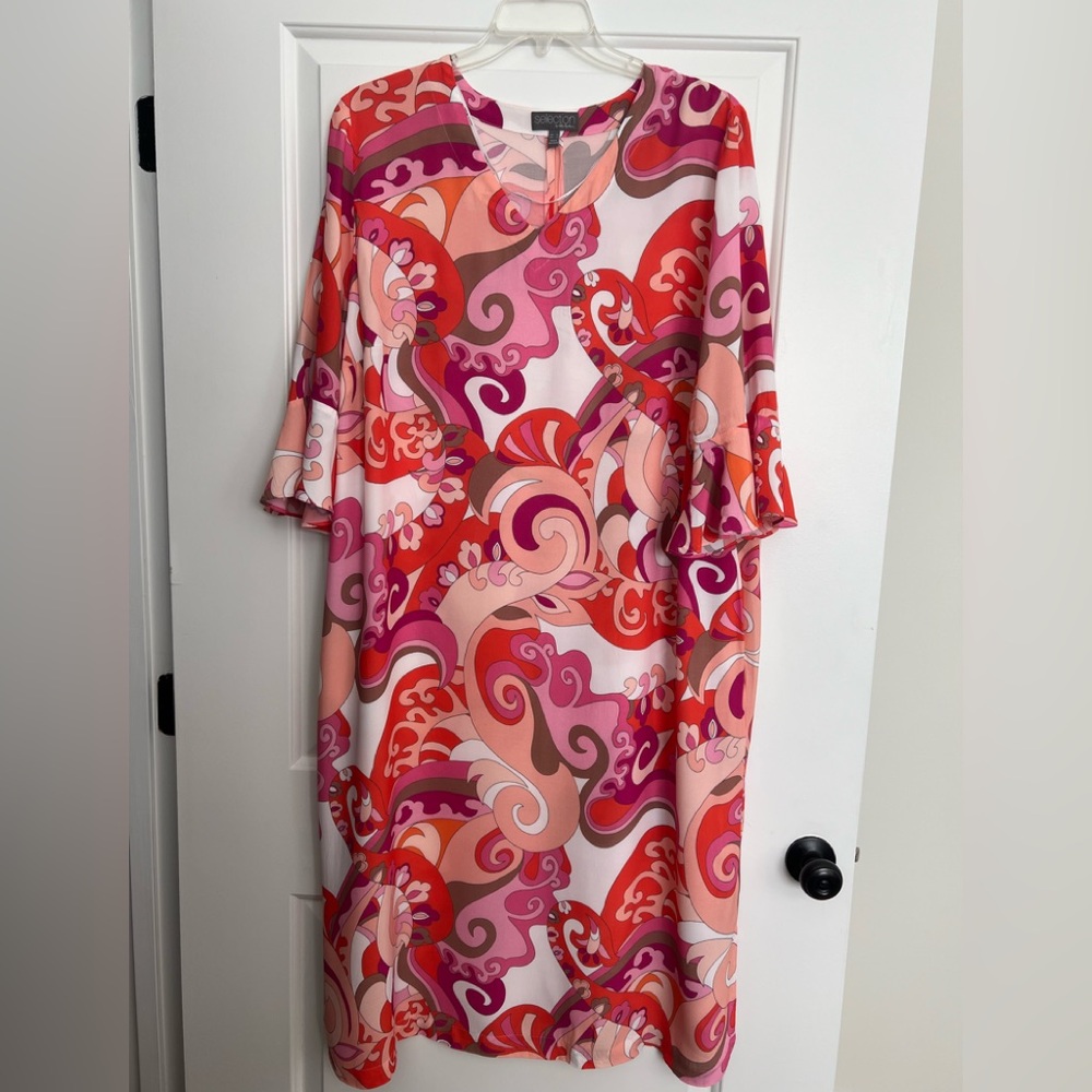 Ulla Popken Size 22 Boho Pink , Blush , Orange Swirls Midi Dress